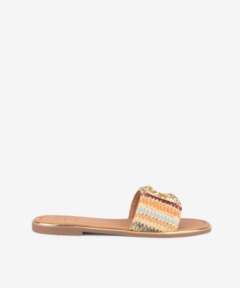 SANDÁLIA RASA EM RÁFIA MULTICOLOR COM APLICAÇÃO
