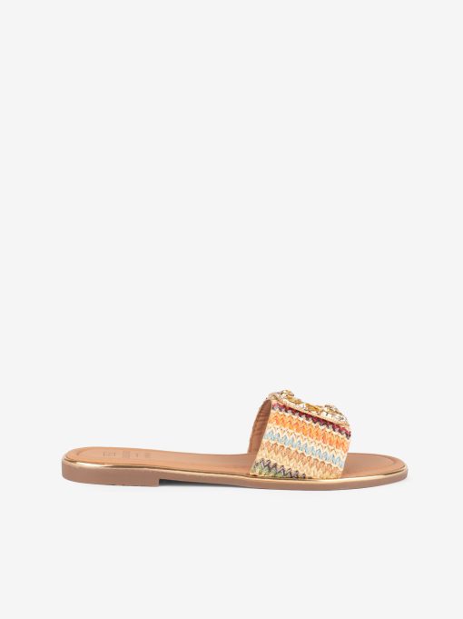 SANDÁLIA RASA EM RÁFIA MULTICOLOR COM APLICAÇÃO