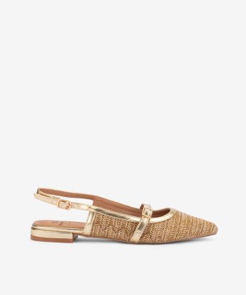 SAPATO MULE SLING BACK MARY JANE EM RÁFIA COMBINADA COM FORMA PONTIAGUDA