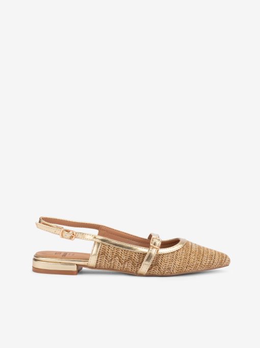 SAPATO MULE SLING BACK MARY JANE EM RÁFIA COMBINADA COM FORMA PONTIAGUDA