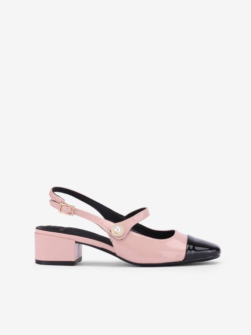 SAPATO SLING BACK MARY JANE DE TACÃO EM VERNIZ COM CAP TOE