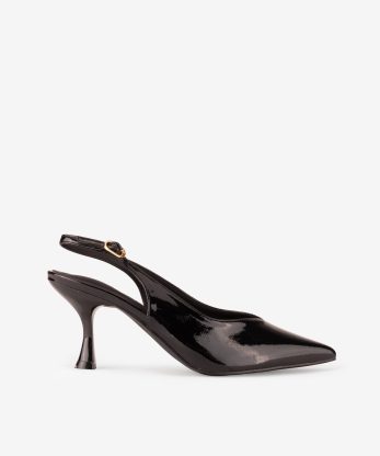 SAPATO PUMP DE SALTO SLING BACK EM VERNIZ COM FORMA PONTIAGUDA