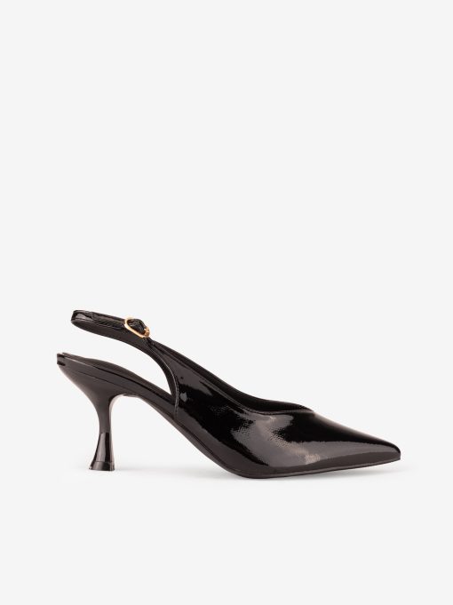 SAPATO PUMP DE SALTO SLING BACK EM VERNIZ COM FORMA PONTIAGUDA
