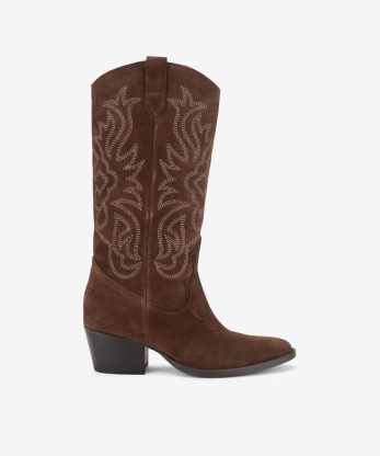 BOTA DE TACÃO ESTILO TEXANA EM CROUTE CAMURÇA COM BORDADOS