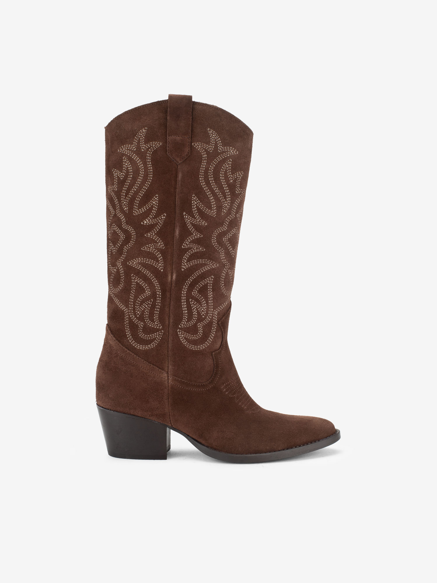 BOTA DE TACÃO ESTILO TEXANA EM CROUTE CAMURÇA COM BORDADOS