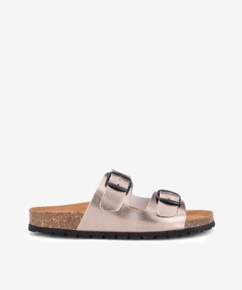 CHINELO INDIGO BAY EM PELE METALIZADA COM DUPLA FIVELA E PALMILHA BIO