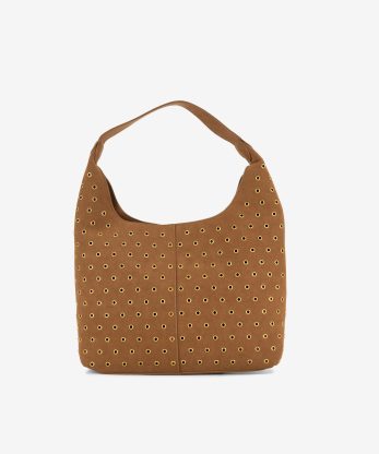 MALA HOBO EM CAMURÇA TÊXTIL COM TACHAS METÁLICAS E ALÇA DE OMBRO