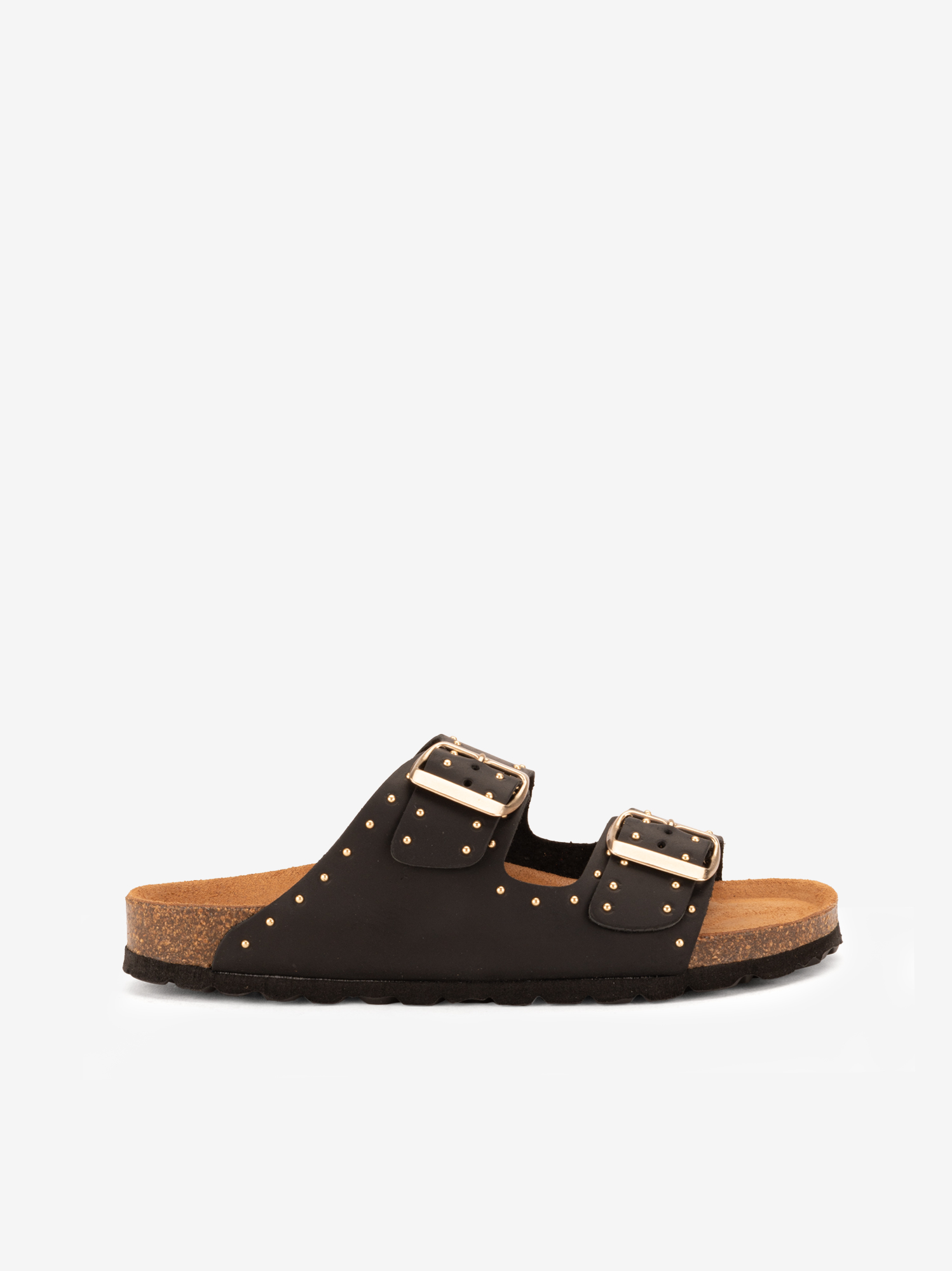 CHINELO DE DUPLA FIVELA EM PELE VINTAGE DECORADA COM MICRO TACHAS METÁLICAS COM PALMILHA BIO